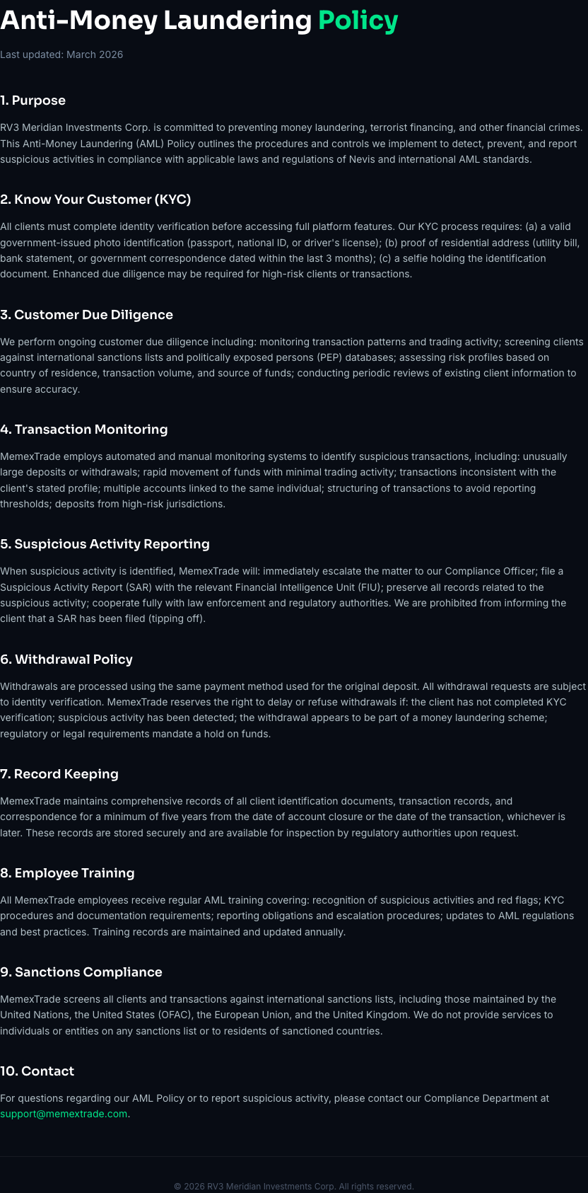 Anti-Money Laundering Policy — Last updated March 2026. RV3 Meridian Investments Corp.'s procedures and controls to detect, prevent, and report suspicious activities.