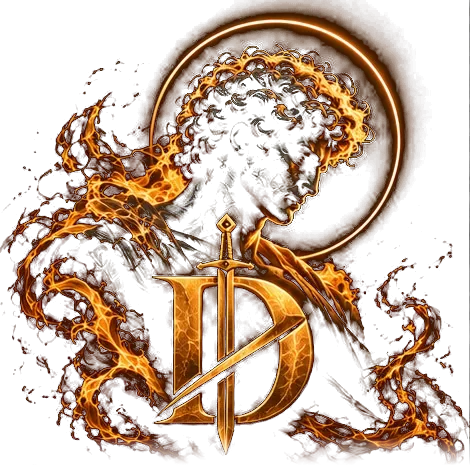 Classical figure with a halo and golden flames, the Dynasty emblem