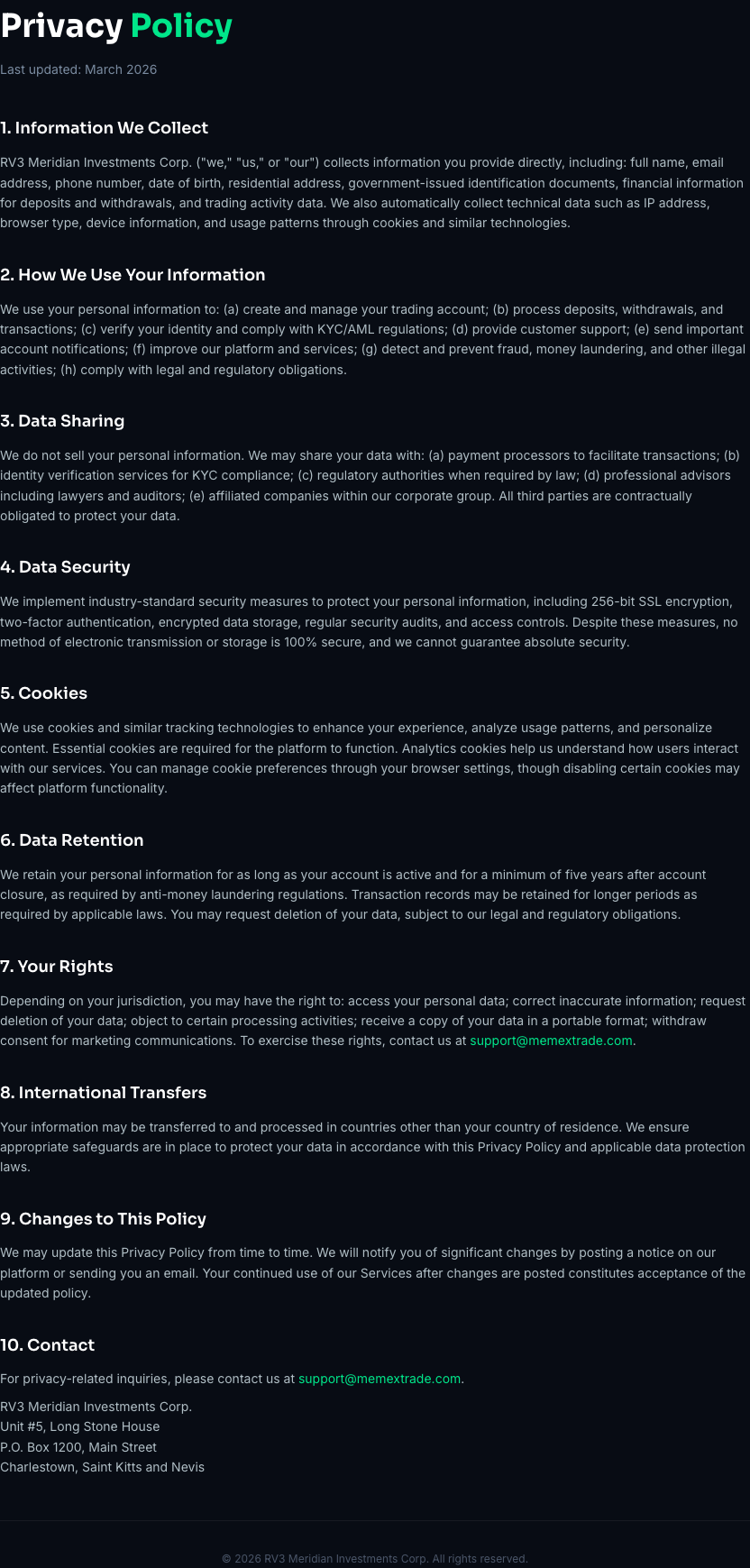 Privacy Policy — Last updated March 2026. How RV3 Meridian Investments Corp. collects, uses, and protects your personal information.